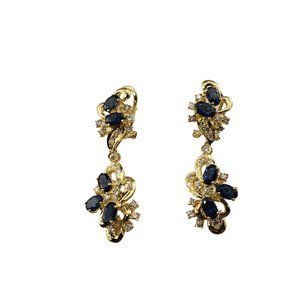 Vintage 18 Karat Yellow Gold Natural Sapphire and Diamond Dangle Earrings #10739